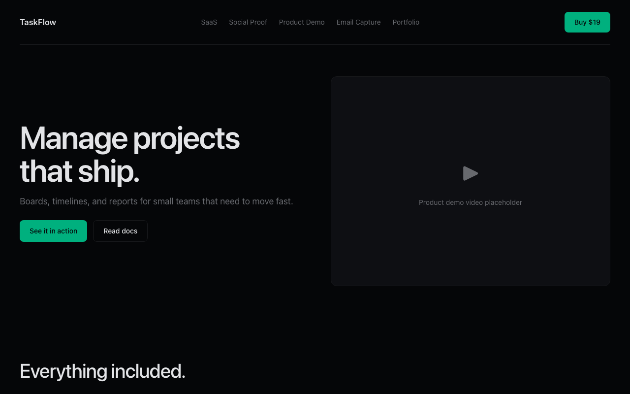 TaskFlow product page built with the Landing Page Kit