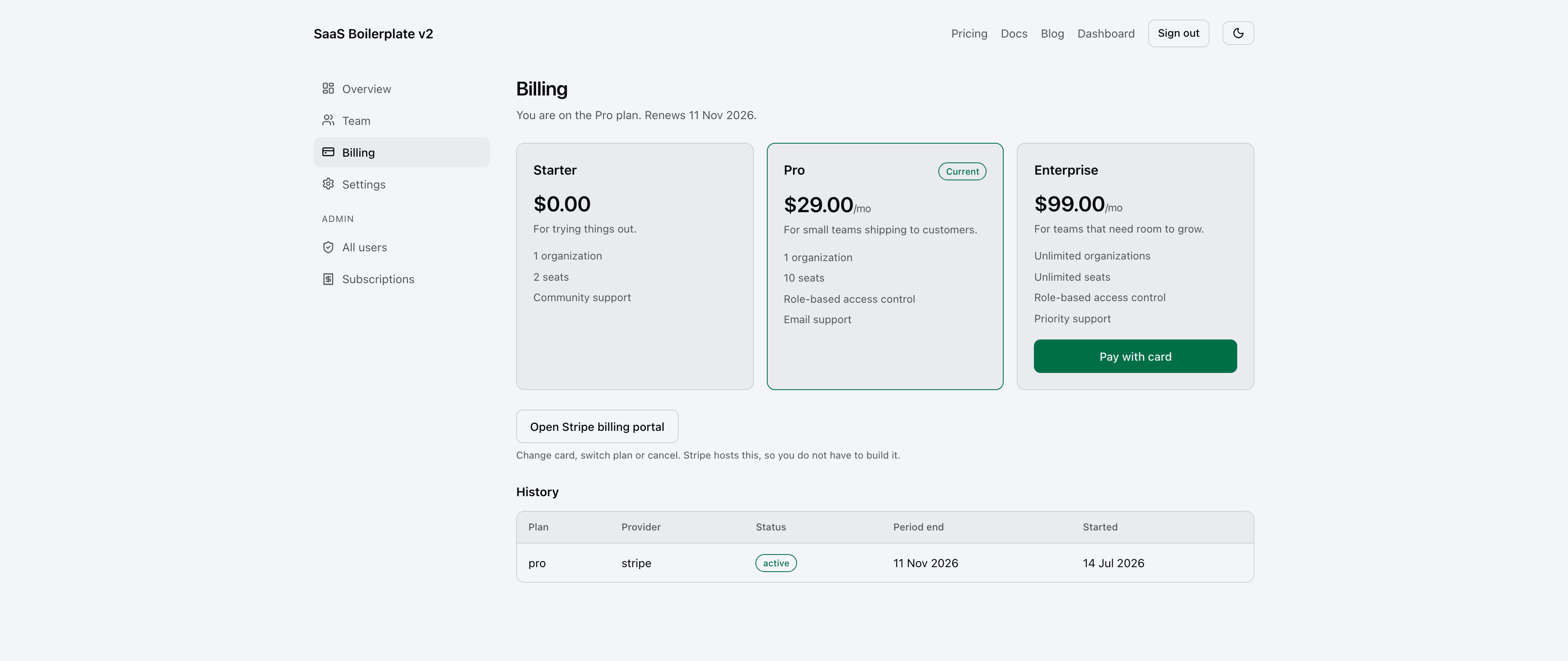 Billing page showing the three plans, the current plan highlighted, and subscription history